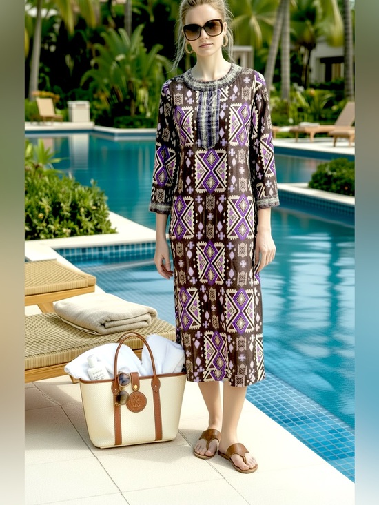 Tory Burch Dresses & Skirts - Tory Burch Printed Tunic Dress Purple Brown Geometric Embroidered Neck Size 4